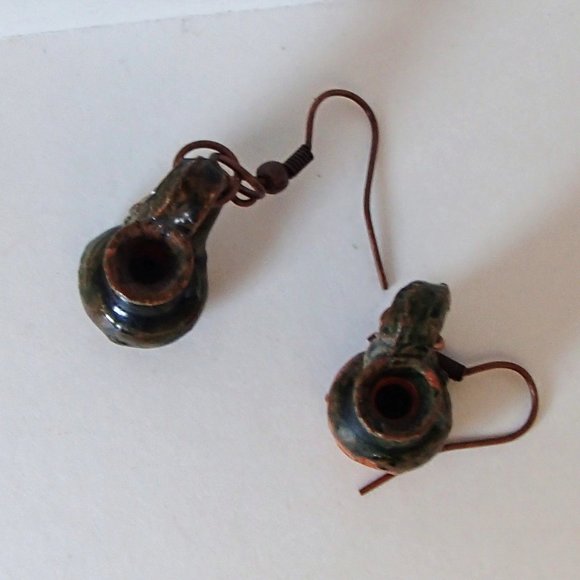 Terracotta Mexico Pottery OoaK Earrings Mini Glazed Handmade Copper Wires Rings - Picture 13 of 14